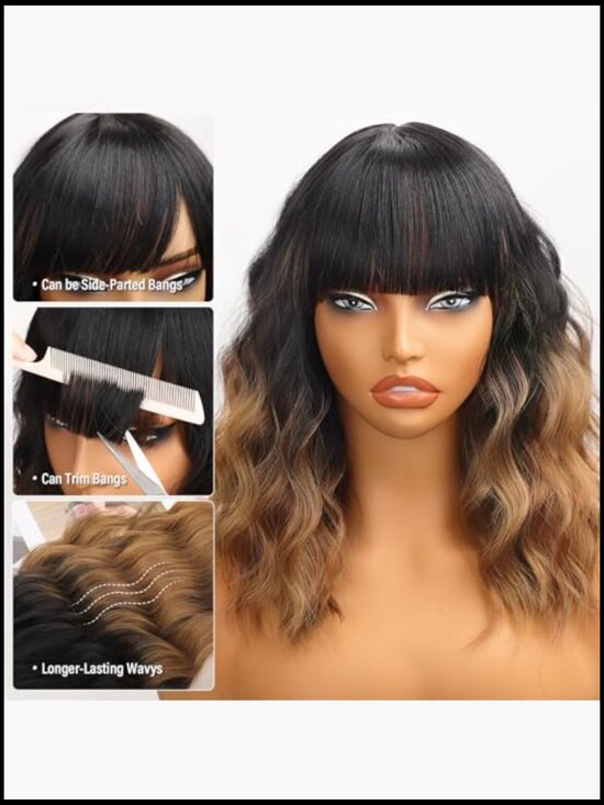 Shoulder Length Wavy Bob Wig with Bangs for Women Synthetic Hair Heat Resistant